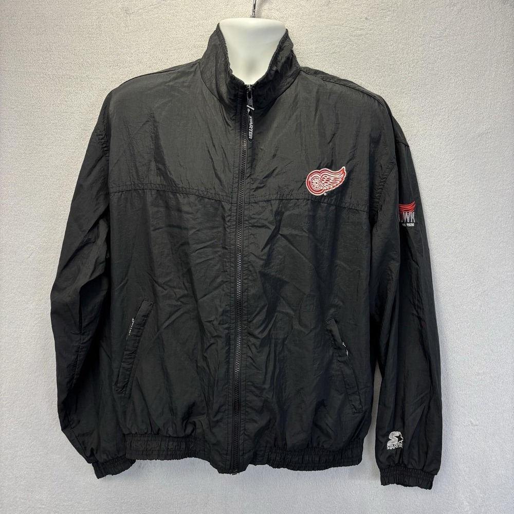 Vintage 90s Detroit Red Wings Starter Windbreaker Jacket Mens Medium Black Nylon